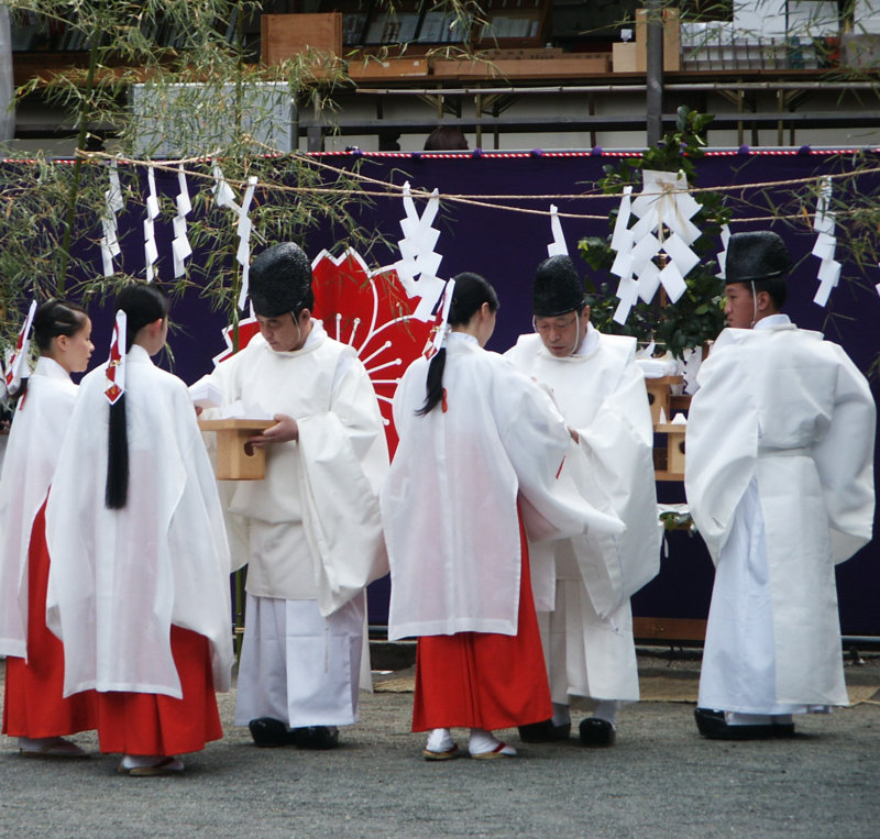 Shinto priests and maidens at the Mt. Fuji opening ceremony